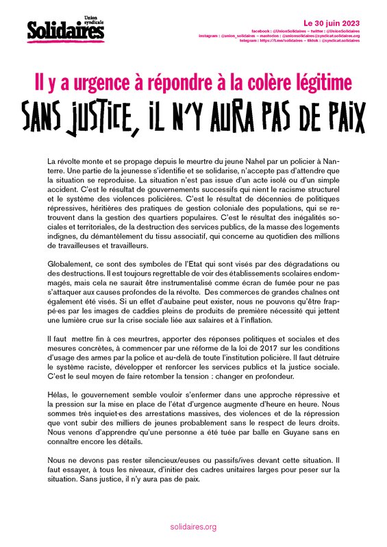 20230630 Communiqué pas de justice pas de paix