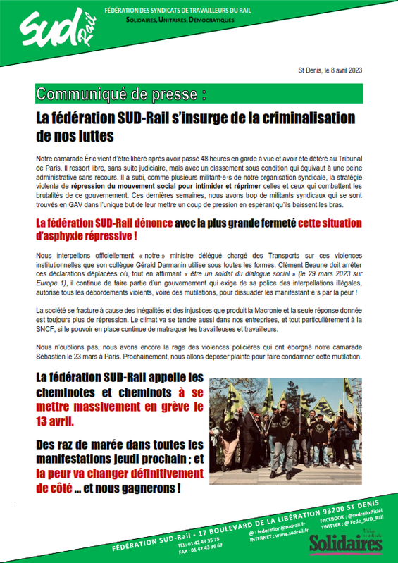 2023 - 04 - 08 - CP - Criminalisation de nos luttes syndicats_001