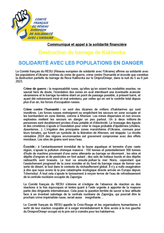 2023 - 6 - 11 - RESU Destruction du barrage de Kakhovka Solidarit├® avec les populations en danger1024_1