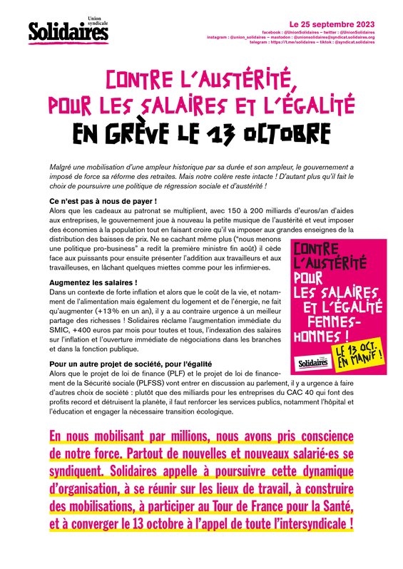 En grève le 13 octobre, contre l'austérité, pour les salaires et l'égalité