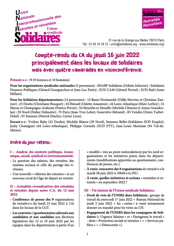 Compte-rendu du CA du 16 juin 2022