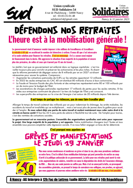 Appel Solidaires 54 et Intersyndical 19 janvier 2023