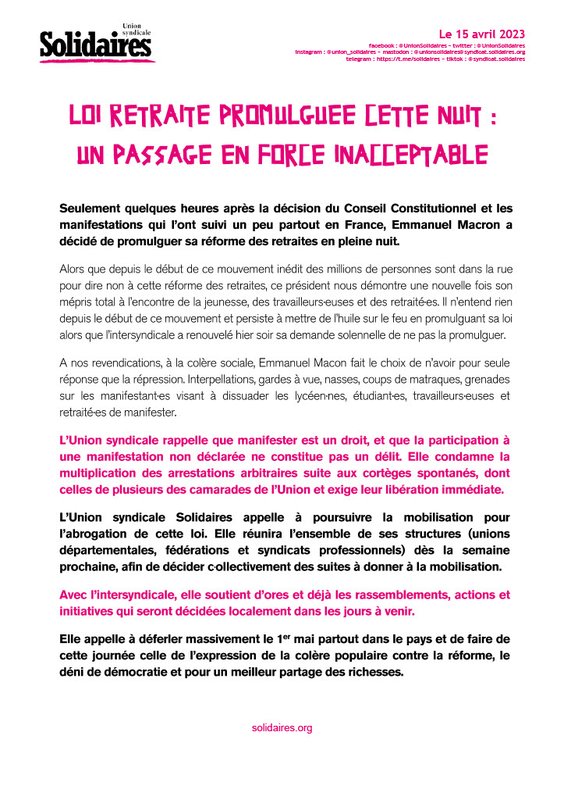 CP Loi retraite promulgu├®e, un passage en force innaceptable ! V21024_1