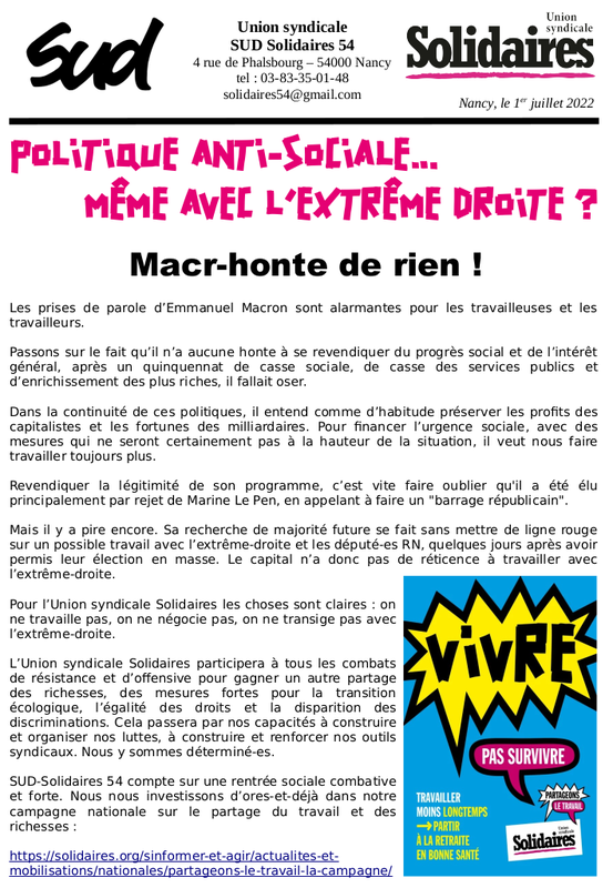 POLITIQUE ANTI-SOCIALE… MÊME AVEC L’EXTRÊME DROITE ?  Macr-honte de rien !