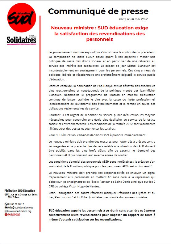 CommuniquéSusEducationNominationPapNdiaye20Mai2022