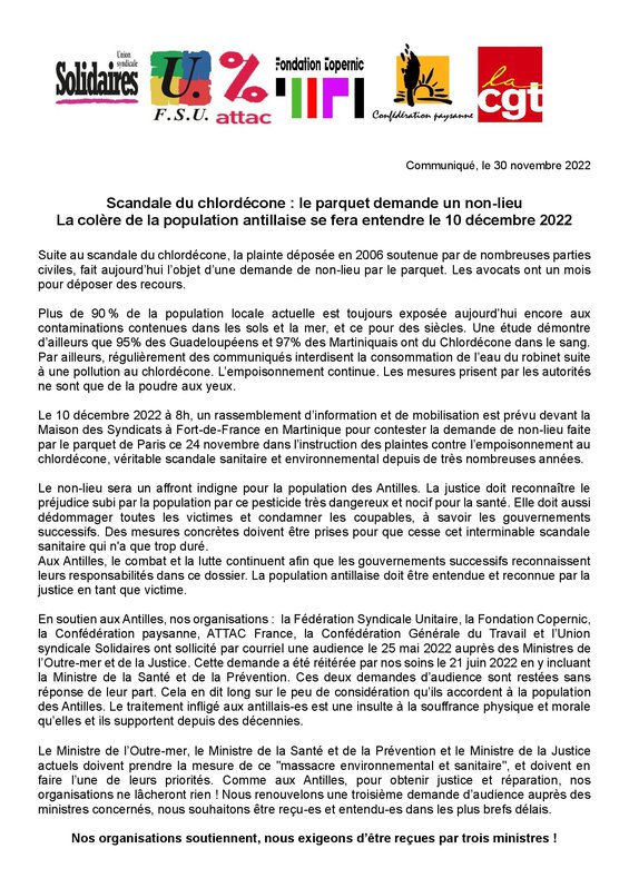 Communiqué unitaire chlordécone du 30 11 2022