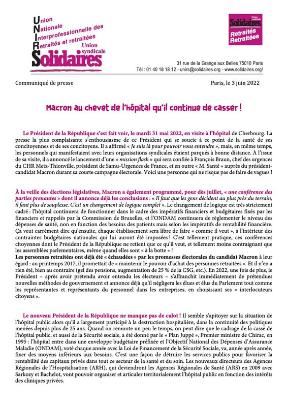 Macron au chevet de l’hôpital qu’il continue de casser !