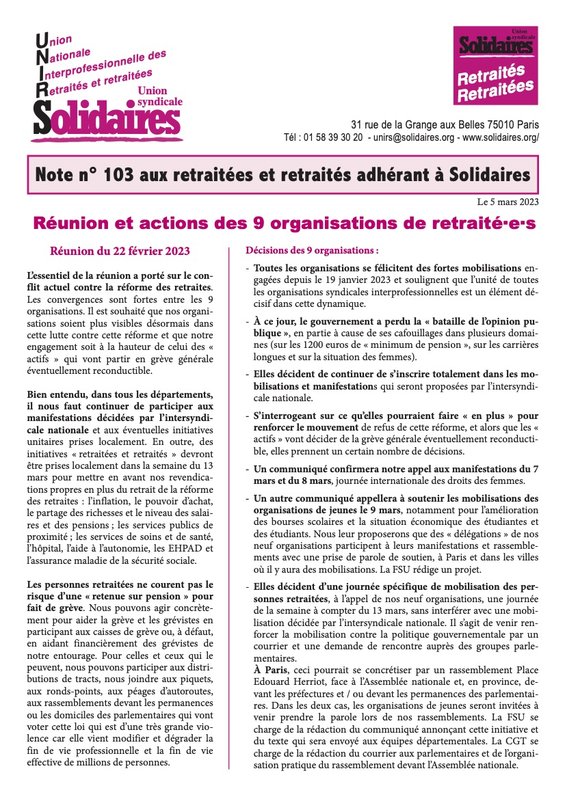 Note Unirs 103 de mars 2023