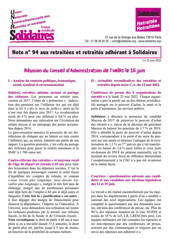 Note Unirs 94 juin 2022