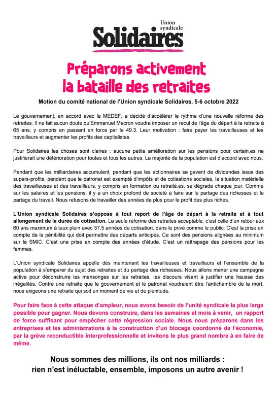 Préparons activement la bataille des retraites 6 octobre 2022