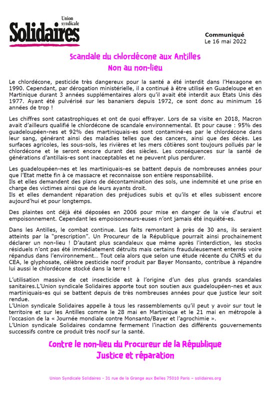 Scandale du chlordécone aux Antilles Non au non-lieu