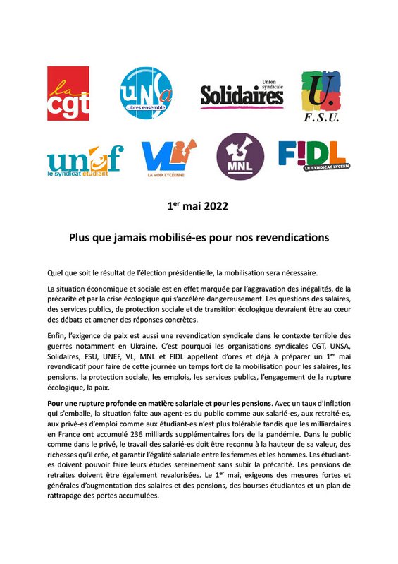 communiqué unitaire 1er mai 2022