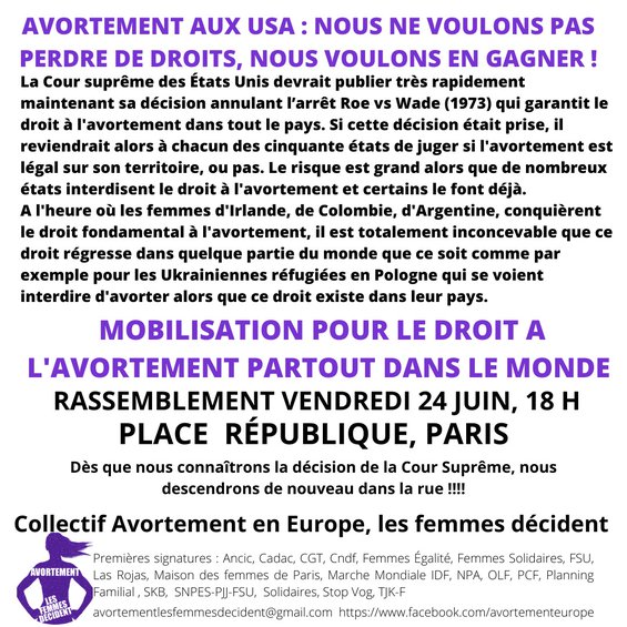 AVORTEMENT AUX USA : NOUS NE VOULONS PAS PERDRE DE DROITS, NOUS VOULONS EN GAGNER !