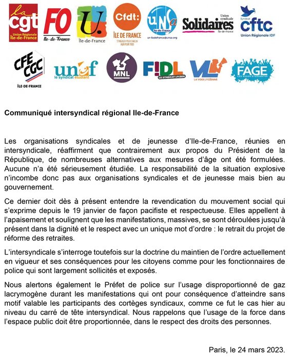 Communiqué intersyndical régional Ile-de-France : Les organisations syndicales et de jeunesse d’Ile-de-France réaffirment que contrairement aux propos du Président de la République, de nombreuses alternatives aux mesures d’âge ont été formulées