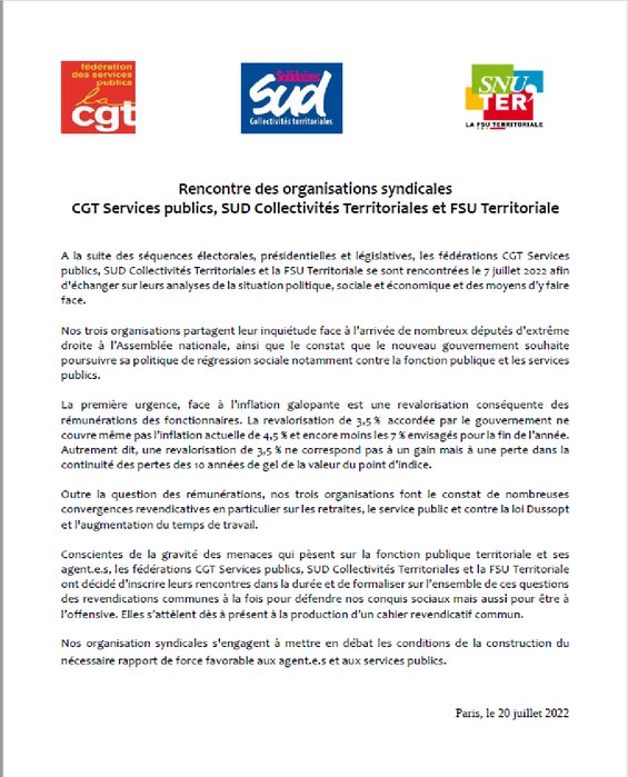 Communiqué CGT SUD FSU FPT