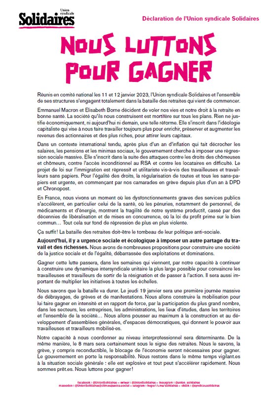 déclaration de comité national de SOlidaires 12 janvier 2023 nousluttons pour gagner