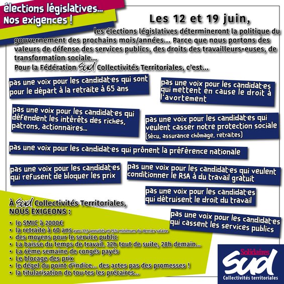 Les 12 et 19 juin, élections législatives... Nos exigences !